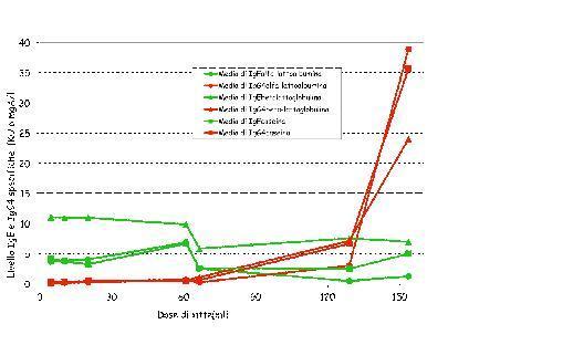 Fig 2: Andamento IgE specifiche e IgG4 in funzione della dose di latte