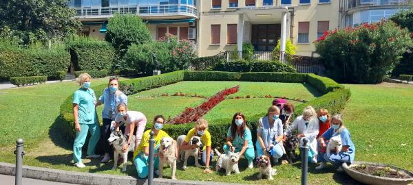 foto di gruppo: staff personale sanitario con i loro cani